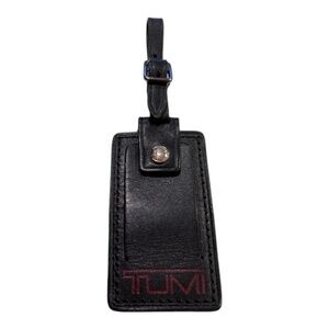 TUMI black leather luggage tag RED logo NWOT